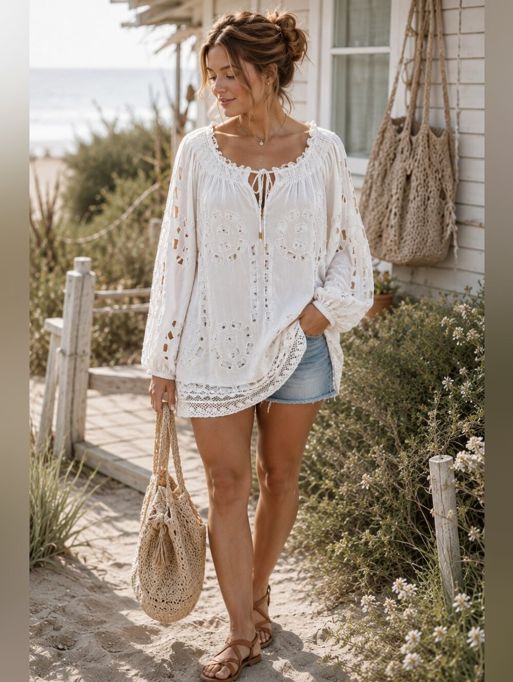 Michael Kors White Cotton Boho Tunic Top XL Off Shoulder Eyelet Cutout Lace Hem
